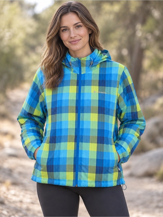 Columbia Jackets & Blazers - Columbia Blue Green Plaid Hooded Rain Jacket Gorpcore Women’s XL